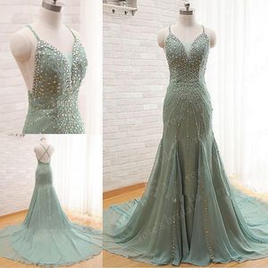 Elegant Backless Sexy Mermaid Evening Dresses Long Beaded Spaghetti Straps Chiffon Evening Gowns Chapel Train Real Photo Formal Gown