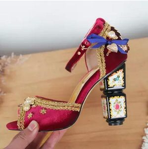Bohemian style rhinestone pumps women flower high heels ankle strap wine red pumps embroidery chunky heel gladiator sandals party shoes