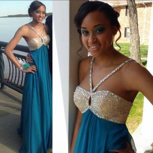 Nigerian Beaded Spaghetti Bridesmaid Dresses 2017 Teal Color Chiffon Long Maid of Honor Gowns Backless Wedding Guest Formal Party Dress