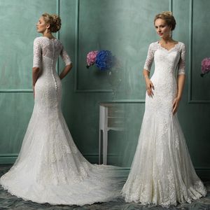 Pół długie rękawy koronkowe sukienki ślubne syreny 2024 z aplikacjami niestandardowe V szyi pociąg ślubny suknie ślubne vestido de noiva