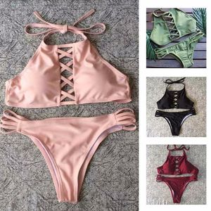 2017 Halter Sexy Bikini Moda Gilrs Summer Beach Swimwear Black Różowy Zielony Maroon 4 Kolory Dwa bikini dla kobiet