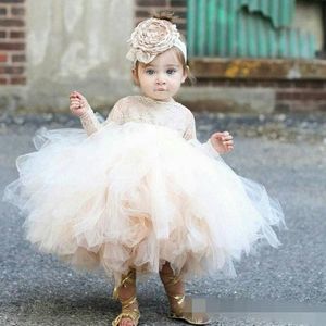 Baby baby peuter Pageant kleding bloem meisje jurk lange mouw kant tutu jurken ivoor en champagne bloemen meisjes bruiloft jurken