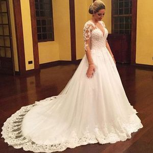 Modest Arabic Plus Size Wedding Dresses from China V Neck Lace Appliques Illusion Long Sleeves Lace Ball Gown A Line Wedding Dress