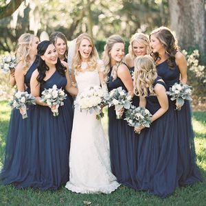 One Shoulder Ruched Bodice Tulle Dark Blue Long Bridesmaid Dress Wedding Guest Dresses Party Dress vestidos de festa curto