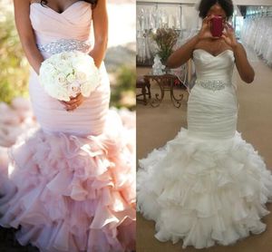 2017 Spring Mermaid Wedding Dresses Blush Pink Wedding Gowns Crystals Beading Sash Custom Made Lace-up Back Pleat Bridal Gowns Court Train