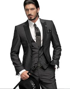 Wholesale- Best man Suit Charcoal One Button Groom Tuxedos For Men Suits Groomsman (Jacket+Pants+Vest) Wedding Tuxedos/ Wedding Suits