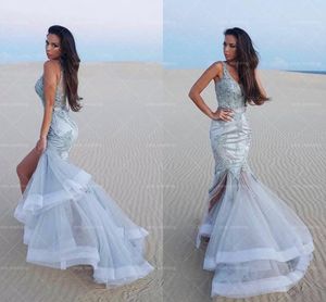 Silver Gray Mermaid Evening Dresses Sheer Straps Appliques Satin Tulle Illusion Back Split Sexy Mermaid Prom Dresses Evening Gowns