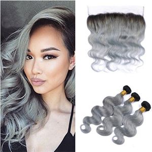 Gray Hair Bundles with Ear to Ear Lace Frontal Malaysian Virgin Human Hair 13*4 Lace Frontal Body Wave Ombre Grey Virgin Hair Weave