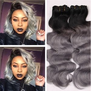 #1b grey Ombre Body Wave Hair Bundles Peruvian Human Virgin Sliver Grey Ombre Hair Extensions 3Pcs Lot 300G Two Tone Gray Hair Wefts