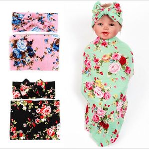 Baby Girls Floral Koc Koce Swaddling Bow Opaski Kwiat Niemowlę Kwiat Przewijanie Soft Sleep Worki Wrap Tkaniny Ręczniki Hairbands Set Dla Toddler BHB16