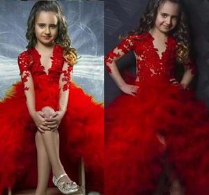 Modest Red 2k17 Flower Girls Vestidos Para Formal Jewel ilusão apliques babados mangas compridas Hi lo meninas meninas pageant vestidos para adolescentes