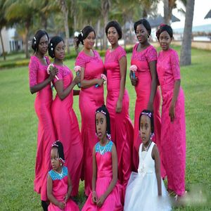 Wholesale plus size hot pink bridesmaid dresses for sale - Group buy Hot Pink Nigerian Arabic Style Mermaid Bridesmaid Dresses Sheer Neck Short Sleeves Lace Plus Size Cheap Wedding Guest Party Gowns