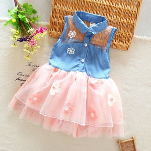 Atacado- Nova Roupas Princesa Menina Menina Denim Sem Mangas Tops Tulle Tutu Mini Vestido X16