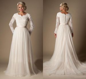 Modest Wedding Dress Long Sleeves Temple V Neck Arabic Bride Gowns A Line Spring Wedding DressesButton Back