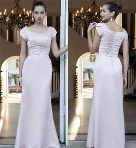 Blushing rosa longo modesto vestidos de dama de honra com mangas curtas pregas cetim inverno país damas de honra vestidos chão barato comprimento longo