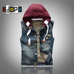 Gilet da uomo Gilet di jeans estivi all'ingrosso con cappuccio staccabile Giacca da uomo senza maniche in denim blu scuro vintage lavato slim fit