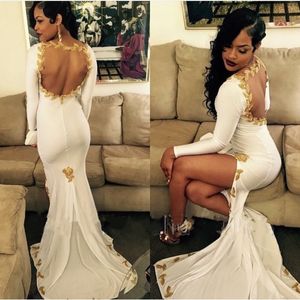 Mangas compridas Mermaid Prom Dress elegante Vestidos Sexy Side-Split Open-Backless Applique Partido 2017 Cheap Custom Made vestidos de noite Trem da varredura