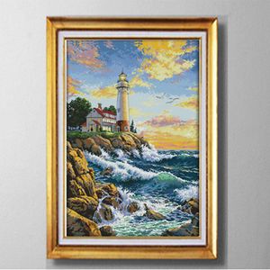 Die Leuchtturm-Meereslandschaft im europäischen Stil, Kreuzstich-Handarbeitssets, Sticksets, Gemälde, gedruckt auf Leinwand, DMC 14 CT/11 CT