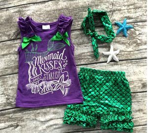 2017 girls clothing purple green scale mermaid boutiqueT-shirt + pantsuit + hair band three short sets