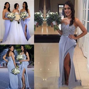 Işık Lila Mermaid Nedime Elbiseleri 2017 Sevgiliye Ön Bölünmüş Ruffles Tren Resmi Düğün Konuk Partisi Abiye giyim Custom Made Ucuz