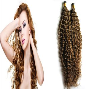 Ludzkie przedłużanie włosów Stick Tip Human Hair Extensions Brazylijski Kinky Curly # 8 Light Brown 100g 1g / Strand 100s Fusion Hair Pre związany