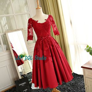 Elegant Tea-Length Party Dresses Satin med Applique Half Sleeves K Prom Klänning Billiga Real Photos Dark Red, Royal Blue Moders Klänningar