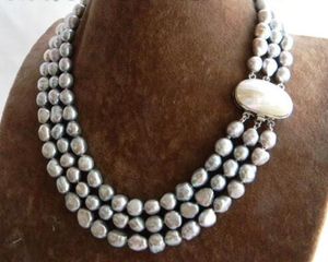 3Strands 18'' 9mm Gray Baroque Freshwater Pearl Necklace