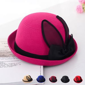 Nowa Wiosna Jesień Wool Wool Women Top Hats Moda Felk Trilby Hat Rabbit Ears Sweet Ladies Street Steing Brim Kapelusze Kopuła GH-49