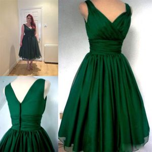 Abito da cocktail party anni '50 verde smeraldo Lunghezza tè vintage Plus Size Chiffon Elegante con scollo a V increspato Cinghie Real Photo Short Prom Gowns