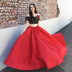 Stunning Two Pieces Beaded Prom Dresses Off The Shoulder A Line Evening Gowns Red Vestidos De Fiesta Floor Length Satin Formal Dress
