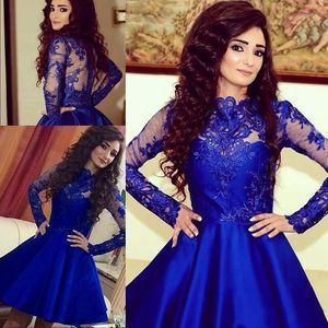 Cheap Short Royal Blue Long Sleeves Homecoming Dress A Line Lace Junior Girls Wear Cocktail Graduation Party Dress Custom Made Plus Size