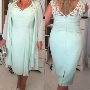 Abiti per la madre della sposa verde menta modesto con giacche Abito in chiffon Madre dello sposo Lunghezza al ginocchio con scollo a V Applicazioni in pizzo