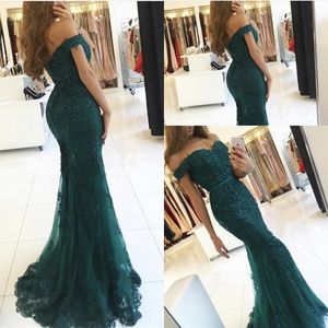Hunter Green Lace Beaded Mermaid Evening Formal Dresses 2019 Modest Saudi Arabia Off-shoulder Fishtail Occasion Prom Gowns Wear