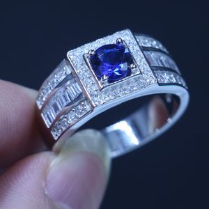 Whole Luxury Jewelry Pure Real Soild 925 Sterling Silver Blue Sapphire 5A CZ Round Cut Gemstones Wedding Men Band Ring Gift Si288t