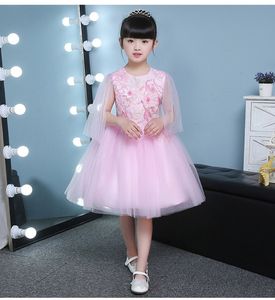 Niedliche geschwollene rosa Tüll-Mädchen-Hochzeitskleider mit Applikationen, Ballkleid, Mädchen-Party, Kommunionkleid, Baby-1-Jahres-Geburtstags-Taufkleid