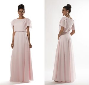 Lekkie Różowe Długie Skromne Druhna Sukienki z trzepotalnymi Rękawami A-Line Długość podłogi Formalne Women Wedding Party Dress Custom Made