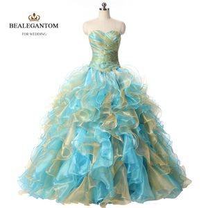 Prawdziwe zdjęcie Sexy Mint Blue and Gold Quinceanera Dresses 2021 Suknia balowa z wzburzonymi cekinami Sweet 16 Prom Pageant Party Suknie QC121