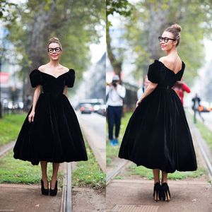 Vintage 2017 Black Velvet Off The Shoulder Tea Length Prom Dresses Cheap Puffy Short Sleeve A-line Evening Gowns Custom Made EN11102