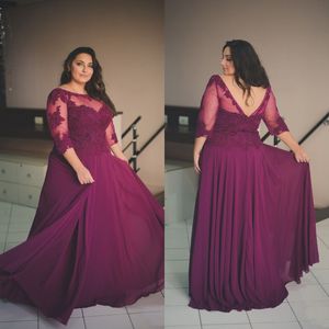 Plus Size Evening Gowns Purple Chiffon Backless Prom Dresses Sheer Neck Lace Appliques Top Formal Dress with Illusion Sleeves Custom Made