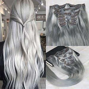 Clip in Remy Human Hair Extensions Silver Full Head Silky Proste 120g 7 sztuk / partia 14 '' - 26'mplaci