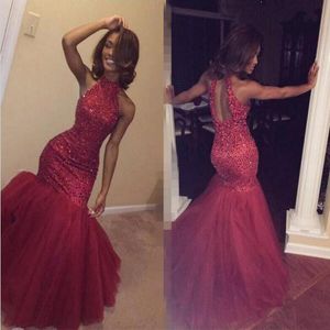 2017 New Burgundy Beaded Prom Dresses Mermaid Halter Women Vestidos de Fiesta Formal Party Gown Robe De Soiree Keyhole Back Evening Gowns