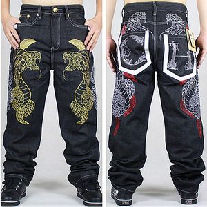 Wholesale-2015 New Fashion Mens Wide Leg Jeans Embroidered Gold Python Loose Pants Skating Hip-hop Street Rap Dance Trousers Hot Sale