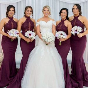 Grape Purple Halter Druhna Sukienka Długie Formalne Wedding Guest Party Suknie Illusion Bez Rękawów Koronki Aplikacje Mermaid Brydesamaids Sukienki