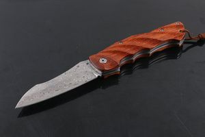 Swiss Damascus Steel Folding Knife Natual Acid Wood Handle EDC Pocket Knives With Leather Sheath