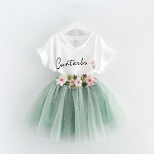 Korean Summer 2017 baby girls clothes Dress Suits white letter T shirt Flower tutu skirt 2pcs sets floral children clothing Outfits A488