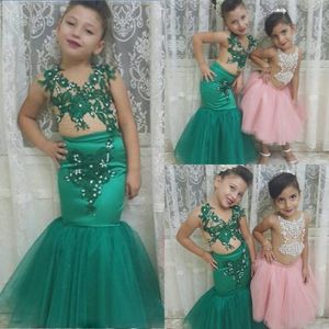 Green Mermaid spetssapplikationer Girls Party Dress Flower Dress Dress for Wedding Baby Communion Dresses Beads Kids Pageant Gowns Chea257x