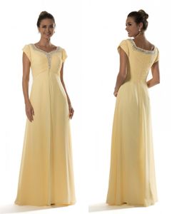 Sarı Pileli Şifon Mütevazı Nedime Elbiseler ile Cap Kollu Uzun A-Line Kat Uzunluk Boncuklu Düğün Parti Elbiseler Yaz Ucuz Mütevazı