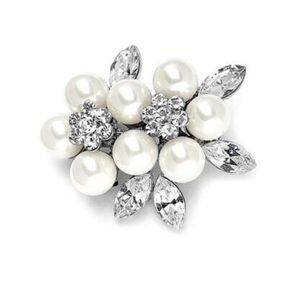 Vintage Style Rhodium Silver Tone Clear Rhinestone Crystal Diamante Cream Pearl Bröllop Brudtärna Smycken Brosch Pins