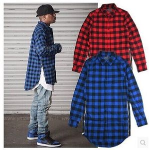 Wholesale-レッドブルースコットランドの格子縞長袖フランネルシャツ男性/ダンスBboyシャツゴールデンサイドジッパー/特大の格子縞の長さのシャツ男