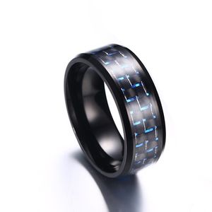 316L jóias de aço inoxidável anel de casamento faixa de casamento com azul vermelho amarelo encanto engajamento de fibra de carbono inlay, conforto ajuste 8mm